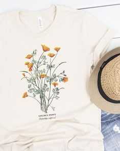 Golden Poppy, Botanical Fashion, Basic Fashion, Grace And Lace, Botanical Shirt, Shirt Design Inspiration, Detail Art, Flower Shirt, Flower Farm