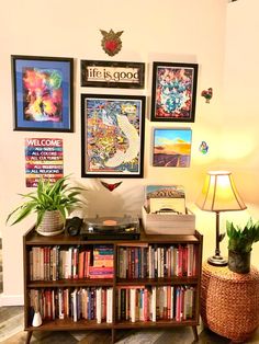 a living room filled with lots of books and plants on top of a book shelf