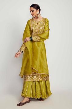 Shop for Pink City Green Silk Chanderi Kurta Sharara Set for Women Online at Aza Fashions Kurta Skirt, Long Kurtas, Embroidered Sharara, Sharara Pants, Kurta Sharara Set, Kurta Sharara, Chanderi Kurta, Long Kurta, Pink City