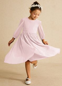 Lolo is our graceful chiffon flower girl dress. She features a scoop neckline with elegant 3/4 bishop sleeves. The back is adorned with delicate buttons that end with a charming bow tie. The gathered, flowy A-line skirt creates the perfect silhouette for twirling. Tea Length Flower Girl Dress, Chiffon Flower Girl Dress, Pink Flower Girl, Pink Flower Girl Dresses, Chiffon Flower, Chiffon Flowers, Flower Girl Dress, Tea Length, Girl Dresses