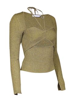 Get ready for a stylish and sultry date night look with Jonathan Simkhai's "Alexia" top in lime green and taupe. The compact rib knit creates a flawless fit while the flirty cut-out and halter tie will have all eyes on you. Finish the look with leather pants and strappy black heels for a colorful and chic ensemble. Size M 72% Rayon, 27% Nylon, 1% Spandex Compact ribbed knit fabric w/ stretch Pullover style Sweetheart neckline w/ halter tie Front cut-out Long sleeve w/ notched cuffs Bust 27" Waist 24" Shoulder to hem 19" Sleeve length 25.5" Stretch Ribbed Top For Party, Stretch Ribbed Party Top, Ribbed Stretch Top For Party, Fitted Gold Tops For Winter, Trendy Ribbed Party Tops, Fine Knit Fitted Party Top, Fitted Ribbed Evening Tops, Stretch Knit Evening Top, Evening Stretch Knit Top