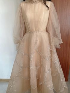 Long Sleeve Organza Evening Dress For Banquet, Beige Organza Wedding Dress, Luxury Beige Dress For Wedding, Organza Long Sleeve Reception Dress, Elegant Organza Evening Dress For Reception, Long Sleeve Organza Dress For Reception, Elegant Dresses For Reception During Prom Season, Elegant Organza Ball Gown For Reception, Evening Dresses 2023