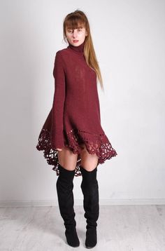 I like this lovely crochet marsala tunic very much! Its asymmetric style makes this tunic quite effective, and unique! The loose construction of this incredible  crochet wine tunic will hide all flaws and emphasize all your advantages! This gorgeous crochet bordeaux tunic can be wearing as with any model of jeans,as well as a dress.It is made of alpaca wool , that's why this crochet marsala dress is very comfortable to your skin! The beautiful crocheted  lace on the front and back sides of the c Bohemian Crochet Mini Dress With Lace Trim, Bohemian Mini Crochet Dress With Lace Trim, Lace Crochet Mini Dress, Bohemian Crochet Dress With Lace Trim, Mini Length, Bohemian Mini Dress With Crochet Trim, Bohemian Asymmetrical Fall Dresses, Bohemian Crochet Mini Dress, Lace Crochet Dress For Fall, Bohemian Mini Dress For Winter