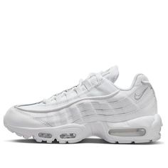 The Nike Air Max 95 'Triple White' is a classic silhouette with a modern twist. The all-white upper is made of breathable mesh and leather, while the rubber sole provides superior cushioning and traction. This sneaker is perfect for any activity, from running to casual wear. Inspired by the human body, the Air Max 95 features a unique design that is both stylish and comfortable. The 'Triple White' colorway is a timeless classic that will never go out of style. With its sleek design and superior comfort, the Nike Air Max 95 'Triple White' is a must-have for any sneaker enthusiast. (SNKR/Unisex/Low Top/Pure White) Nike Air Max Triple White, Classic Sneakers With Air Cushioning, Classic Sneakers With Air Cushioning And Round Toe, Classic Running Shoes With Air Cushioning And White Sole, Classic Sneakers With Air Cushioning For Light Sports, Classic Sneakers For Light Sports With Rubber Waffle Outsoles, Classic Sneakers For Light Sports, Classic Lace-up Sneakers With Air Max Cushioning, Classic Nike Running Shoes With Branded Insole