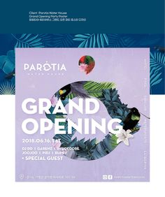 an advertisement for a grand opening event with tropical leaves and birds on the front cover