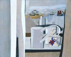 an abstract painting with white and blue colors, including boats on the water in the background