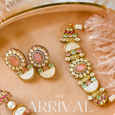 A beautiful and unique piece with contemporary flair... Fusion Multi-stone Pink Jewelry, Wedding Jewelry With Gemstones And Mother Of Pearl, Pink Fusion Style Gemstone Jewelry, Fusion Style Pink Jewelry With Gemstone Accents, Pink Fusion Jewelry With Natural Stones, Festive Round Kundan Necklace With Stones, Elegant Pink Round Kundan Necklace, Festive Fusion Style Jewelry With Natural Stones, Festive Fusion Jewelry With Natural Stones