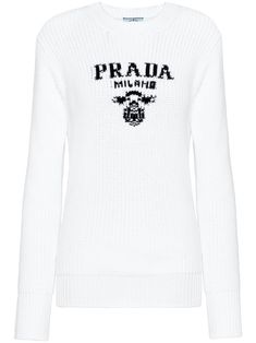 white/black cotton knitted construction chunky knit logo print to the front crew neck long sleeves straight hem White Knit Sweatshirt For Streetwear, Luxury Winter Sweatshirt With Letter Print, Designer Logo Print Sweater For Fall, White Logo Print Sweater For Fall, Designer Fall Sweater With Logo Print, Luxury White Cotton Sweatshirt, White Logo Print Sweater For Winter, White Sweater With Logo Print For Winter, Classic White Sweater With Letter Print