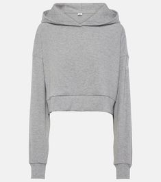 Muse ribbed-knit cropped hoodie in grey - Alo Yoga | Mytheresa Ribbed Hooded Top For Loungewear, Hooded Ribbed Tops For Loungewear, Ribbed Hoodie For Loungewear, Stretch Ribbed Hooded Top, Ribbed Hooded Hoodie For Loungewear, Casual Stretch Ribbed Hoodie, Casual Ribbed Hoodie Top, Trendy Cropped Cotton Sweater, Ribbed Long Sleeve Hoodie In Athleisure Style