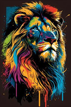 a lion with colorful paint splatches on it's face and head,