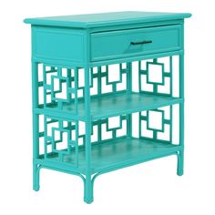 a teal side table with two drawers and an open drawer on the bottom shelf