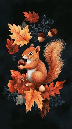 Squirrel with acorns and autumn leaves. Autumn background for phone. Seasonal Wallpaper, Free Fall Wallpaper, Autumn Background, Snoopy Wallpaper, Leaves Autumn, Wallpapers Backgrounds, Pretty Wallpapers Backgrounds, Desktop Wallpapers, Fall Wallpaper