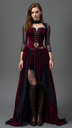 Dans un monde où le passé rencontre le futur, cette robe steampunk incarne l'esprit d'aventure et la sophistication d'une époque révolue. Le velours bourgogne, profond et riche, caresse la peau, tandis que la délicatesse de la dentelle noire ajoute une Katherine Mcnamara