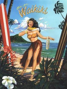 a painting of a hula dancer on the beach