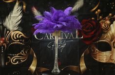 an image of carnival masks with purple feathers and roses on display in front of a black background