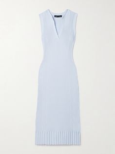 Proenza Schouler's 'Tatum' dress is made from tactile ribbed-knit that gets wider along the midi hem. It's designed for a figure-hugging fit and has a V-neck ideal for showing off a few dainty necklaces. Complement the sky-blue with optic white accessories. Build Wardrobe, Proenza Schouler Dress, Rib Knit Dress, Dainty Necklaces, Floral Dresses Short, White Accessories, Swimsuit Dress, Looks Chic, Knit Midi