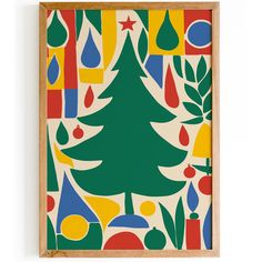 a wooden frame with a christmas tree on the front and colorful ornaments in the back