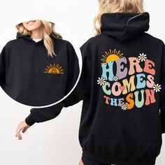 Here Comes the Sun Hoodie, Adventure Hoodie, Wanderlust Gift, Summer Trip Hoodie, Camp Lover Gifts, Family Matching Clothing, Road Trip  👉HOW TO ORDER👈 1️⃣  Choose your T-shirt color 2️⃣  Choose your T-Shirt size 3️⃣  Choose your design & text color 4️⃣ Need more Items? Add the current item in the cart. And If you like to add more items to your order please press the back button and repeat steps 1-3 again. 5️⃣Once all your desired items are in your cart you may complete your order by entering Fun Hoodie Sweatshirt With Drawstring Hood, Fun Sweatshirt With Drawstring Hood, Fun Graphic Print Long Sleeve Hoodie, Fun Cotton Hoodie, Fun Cotton Hooded Hoodie, Fun Hooded Graphic Print Sweatshirt, Fun Hooded Sweatshirt With Drawstring Hood, Fun Hooded Tops With Letter Print, Fun Graphic Print Hoodie Sweatshirt