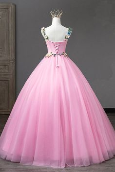 Pink Straps Tulle Sweetheart Ball Gown with Flowers, Pink Formal Dress – BeautyDressy Dresses Sweet 16, Cute Spaghetti, Dresses Cute, Pink Formal Dresses, Tulle Flowers, 16 Dresses, Long Prom Dresses, فستان سهرة, Sweet 16 Dresses