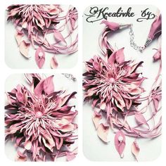 three pictures of pink flowers with chains attached to them