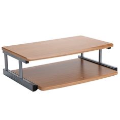 a wooden table with metal legs and a shelf on the bottom that holds two shelves