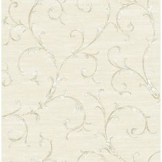 a white wallpaper with silver swirls on it