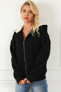 This chic jacket is perfect for sports or daily outfit Thumbhole sleeves and a Sherpa hood with a drawstring for the added warm The zip-up design makes it easy to put on and take off Style with jeans, leggings, or skinny pants for a finishing outlook Size Chart (CM) Sizes Bust Shoulder Sleeve_Length Length Hem_Width Relax Relax Relax Relax Relax S 116 64 47.5 66 86 M 122 67 48 68 92 L 128 70 48.5 70 98 XL 136 74 48.5 72 106 Elasticity Low Size Chart (INCH) Sizes Bust Shoulder Sleeve_Length Lengt Cozy Streetwear Outerwear With Double-lined Hood, Cozy Hooded Fleece Jacket With Zipper Closure, Winter Fleece Windbreaker With Drawstring Hood, Winter Athleisure Fleece Jacket With Double-lined Hood, Cozy Outerwear With Drawstring Hood For Streetwear, Winter Wear Hooded Jacket With Drawstring Hood, Cozy Black Outerwear With Ribbed Cuffs, Black Cozy Outerwear With Ribbed Cuffs, Athleisure Hooded Fleece Jacket For Winter