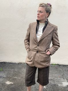 Vintage Givenchy Brown Wool Striped jacket in great vintage condition. Beautiful light toasted brown jacket wool shell with signature satin lining. Shoulder pads for strength. Inner pocket. Two button closure at waist, two flap pockets at hips. Dry clean only. Fits M best. Approx. Measurements: Underarm to underarm: 20" Length: 30" Brown Tweed Jacket With Flap Pockets For Fall, Fall Brown Tweed Jacket With Flap Pockets, Retro Semi-formal Winter Outerwear, Vintage Workwear Blazer With Patch Pockets, Vintage Blazer With Patch Pockets For Work, Vintage Beige Blazer With Pockets, Winter Vintage Blazer With Lapel Collar, Vintage Outerwear With Suit Collar For Winter, Vintage Winter Outerwear With Suit Collar