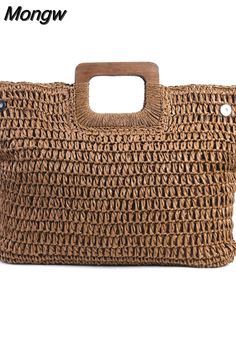 a brown woven bag with wooden handle and handles on the front, it is made out of