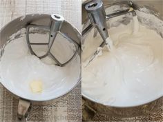 two pictures showing the mixing process for making whipped cream in a bowl with a mixer attachment