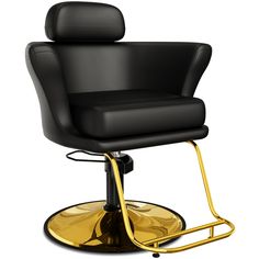 a black leather chair with gold trimmings sits on a round metal base in front of a white background