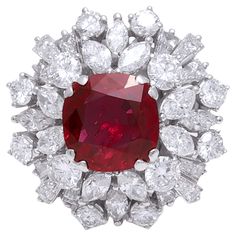 Magnificent Platinum Ring with Vivid Red Ruby &3.26 ct. Diamonds. Ruby looks lik 4.5 to 5 Ct ! Ruby: Natural Brilliant / Step Cut, Cushion shape, Vivid Red , Siam Ruby of 3 ct. Comes with GRS Certificate Diamonds: Brilliant cut 1.4 ct. Marquise cut diamonds 0.96 ct. Baguette cut diamonds 0.9 ct. Material: Platinum Ring size: 51 EU / 5.75 US ( Can be resized for free) Total weight: 12.7 gram / 0.450 oz / 8.2 dwt Red Architecture, Red Bedding, Ruby Diamond Rings, Red Decor, Jewels Rings, Sparkly Things, Red Handbag, Step Cut, Red Jewelry