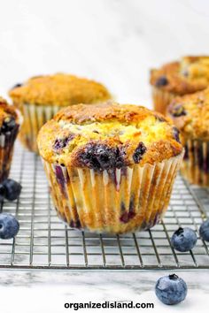 blueberry muffins cooling on a wire rack