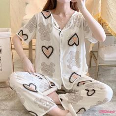 Qteee - Delightful Love Heart Bow Print Pajamas Three-Piece Set White Printed Sleepwear, Printed White Sleepwear For Home, White Printed Loungewear Sets, White Casual Sleepwear Set, Casual White Sleepwear Set, Comfortable White Sleepwear Set, Comfortable White Sleep Set, Comfortable White Home Wear Set, White Casual Pajama Party Sets