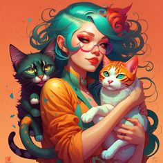 a woman holding two cats in her arms with green hair and pink eyeshades