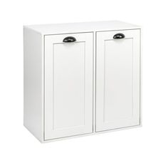 a white cabinet with two doors and black handles