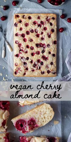 vegan cherry almond cake with fresh cherries on the top and in the middle