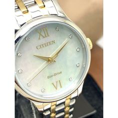 Citizen Women's Watch Em0894-50d Eco Drive 30mm Mother Of Pearl Dial Two Tone Stainless Steel Solar $350 (Z4745y) Store Demo. Runs Great. Has A Slight Wear (See Photos) Sold With Box & Booklet Band Fits Up To Apx 7.25'' Inches Wrist Size (Please Make Sure It Is The Right Size For You, No Extra Links) Case Is Apx 30mm (Excluding The Crown) Please Email With Any Questions And Check Out Our Other Items Band Fits, Eco Drive, Women's Watch, The Crown, Accessories Watches, Mother Of Pearl, Womens Watches, Silver Gold, Two Tone