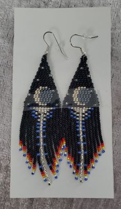 """ Hand Beaded Earrings - Native American - Lakota - Sioux "" | eBay Unique Adjustable Beaded Earrings With Dangling Beads, Artisan Black Beaded Dangling Earrings, Black Bead Dangle Earrings For Festivals, Adjustable Bohemian Beaded Earrings With Black Beads, Black Beads Dangle Earrings For Festival, Black Beaded Dangle Earrings For Festivals, Bohemian Black Beads Drop Earrings, Black Beads Teardrop Earrings, Adjustable Teardrop Beaded Earrings With Black Beads