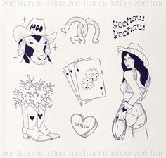 a drawing of various tattoos on a piece of paper with the words, zodiacs and symbols