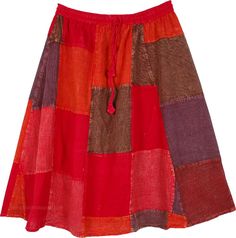 A cute gypsy short skirt in red, pink, purple and brown shade patches, in washed vintage look cotton fabric.  It features an elastic waistband and drawstrings for an easy pull-up style. #tlb #WrapAroundSkirt #Patchwork #JuniorPetite #Shortskirt #Multicoloredskirt #Rodeoskirt #Oldstyleskirt #Washedcottonfabricskirt Rodeo Skirt, Purple And Brown, Hippie Look, Brown Shade, Scarf Shirt, Trendy Skirts, Elastic Waist Skirt, Wrap Around Skirt, Vintage Patchwork