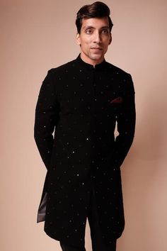 Buy Black Viscose Polyester Embroidery Mirror Sherwani Set For Men by Tisa - Men Online at Aza Fashions. Formal Kurta With Mirror Work For Festive Occasions, Formal Festive Kurta With Mirror Work, Black Semi-stitched Elegant Sherwani, Elegant Black Semi-stitched Sherwani, Formal Kurta With Mirror Work For Diwali, Formal Mirror Work Kurta For Diwali, Formal Traditional Wear With Mirror Work Straight Kurta, Formal Straight Kurta With Mirror Work, Formal Fitted Kurta With Mirror Work