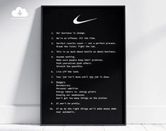 Introducing our captivating downloadable digital poster, "Principles of Nike." This sleek design showcases the core values and principles that define the iconic Nike brand. Against a striking black backdrop, crisp white typography commands attention, while the Nike logo proudly takes its place at the top, representing excellence and innovation. Key Features: - Instantly download and own a high-quality digital poster that embodies the essence of Nike's principles - Sleek design with a black backg Nike Manifesto, Values And Principles, Nike Poster, Phil Knight, Sneaker Posters, Black Backdrop, White Typography, Black Backdrops, Motivational Prints