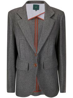 dark grey wool blend flannel front button fastening notched lapels two chest welt pockets two front flap pockets long sleeves partial lining rear curved hem Gray Single Breasted Blazer With Suit Collar, Gray Single Breasted Blazer With Notch Lapel, Gray Single-breasted Blazer With Suit Collar, Gray Workwear Blazer With Welt Pockets, Gray Blazer With Welt Pockets For Work, Gray Blazer With Hidden Buttons And Suit Collar, Gray Blazer With Hidden Button Closure, Gray Blazer With Hidden Button Closure For Work, Gray Single-breasted Blazer For Work