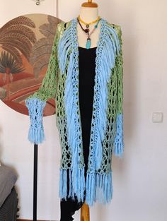 Light Blue Baby Blue Fringed Handknit Long Lace Cardigan, Minimalist Design Vibrant Crochet Jacket, Boho Chic Hippy Tunic by Papicca on Etsy Blue Cotton Knit Cardigan, Summer Green Knit Cardigan, Bohemian Knitted Summer Cardigan, Summer Bohemian Knitted Cardigan, Multicolor Knit Cardigan For The Beach, Multicolor Knit Beach Cardigan, Bohemian Knitted Cotton Cardigan, Bohemian Hand Knitted Cardigan For Beach, Bohemian Hand Knitted Beach Cardigan