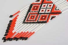 Traditional White Handwoven Beaded Bracelets, Traditional Handwoven White Beads, Traditional White Handwoven Beads, Traditional White Beaded Bracelets, Traditional White Beaded Earrings, Traditional White Handwoven Beaded Earrings, Traditional Black Beaded Earrings, Seed Bead Pendant, Ukrainian Pattern