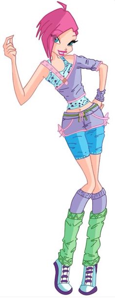 a cartoon girl with pink hair and green boots is standing in front of the camera