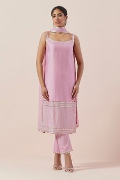 Orchid pink kurta with aari, zari and sequin in chanderi base. Paired with a cotton pant and silk organza dupatta with silver and gold hand embroidery. - Aza Fashions Pink Sleeveless Anarkali Traditional Wear, Pink Sleeveless Anarkali Dress, Pink Sleeveless Traditional Wear With Resham Embroidery, Bollywood Style Sleeveless Traditional Wear In Pink, Pink Sleeveless Traditional Wear For Festive Occasions, Pink Sleeveless Traditional Wear For Festive Season, Pink Sleeveless Sets With Zari Work, Pink Sleeveless Bollywood Traditional Wear, Sleeveless Pink Bollywood Traditional Wear