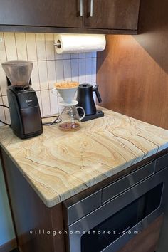 kitchen coffee station setup with green natural stone countertops and pour over coffee with grinder Sharp Microwave Drawer, Quartzite Countertops Kitchen, Kitchen Coffee Station, Natural Stone Counter, Coffee Station Kitchen, Microwave Drawer