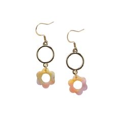 Bloom in style with these darling Poppy Earrings! Featuring dainty flowers, these earrings are the perfect way to add some flower power to any outfit. Stand out with this unique and cute accessory. 18K gold-plated hypoallergenic stainless steel hooks Gold alloy metal circle charms Lightweight and durable plant-based acetate acrylic Color varies from pair to pair, so what you get will be a complete surprise. Colors range from all colors of the rainbow in a pastel hue. Poppy Earrings, Colorful Crystals, Pink Games, Dainty Flowers, Easter Earrings, Dazzling Earrings, Metal Circle, Daisy Earrings, Fabulous Fall